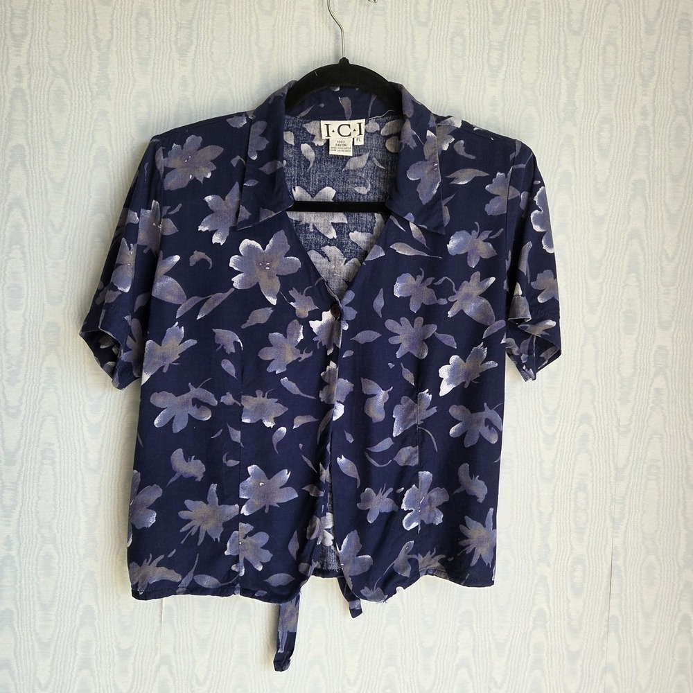 Vtg 90s Womens L ICI Rayon One‎ Button Collared Tie Back Tropical Hawaiian Shirt